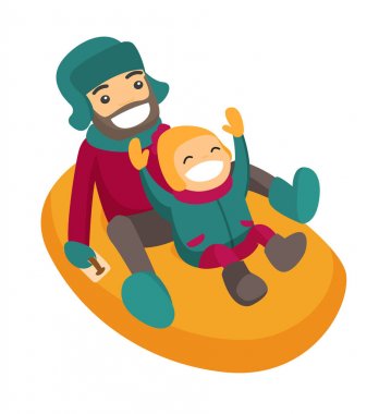 Kar lastik tüp aşağı kızakla oğluyla baba.