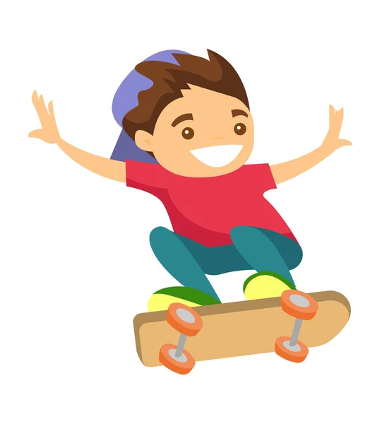 Feliz chico blanco caucásico montando un monopatín . — Vector de stock