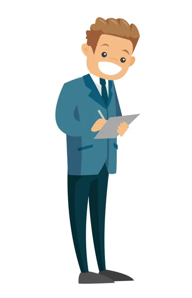 Businessman holding clipboard with documents. — Stock Vector