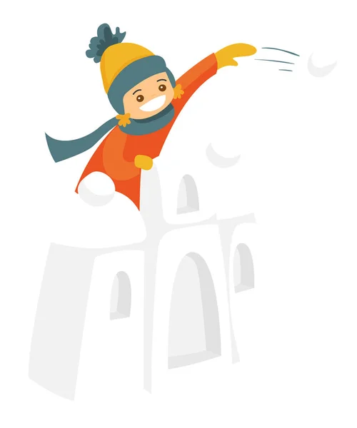 Little boy in snow castle playing snowball fight. — Stock Vector