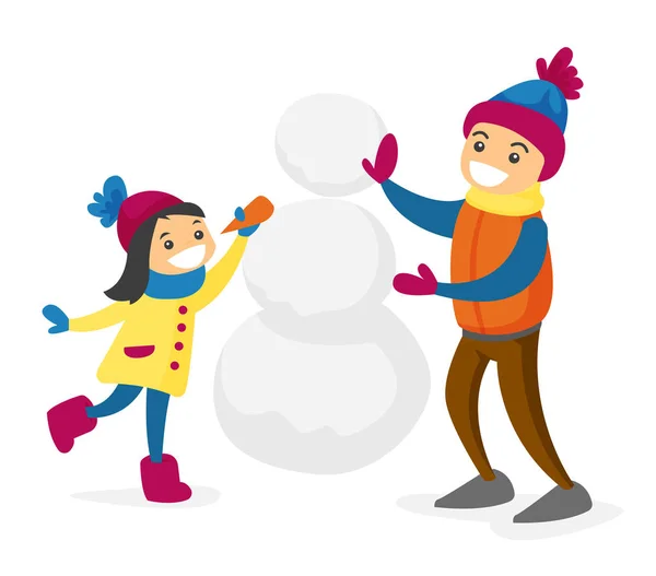 Kaukasische weiße Jungen und Mädchen bauen einen Schneemann. — Stockvektor