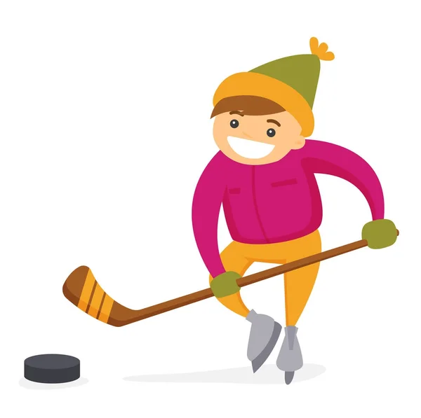 Caucasian boy playing hockey on outdoor rink. — Stock Vector