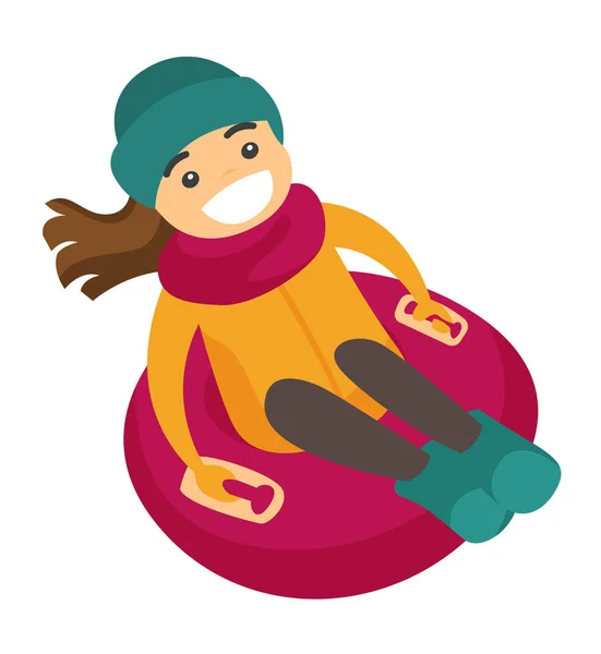 Καυκάσιος γυναίκα έλκηθρο κάτω στο χιόνι ελαστικό σωλήνα. — Διανυσματικό Αρχείο