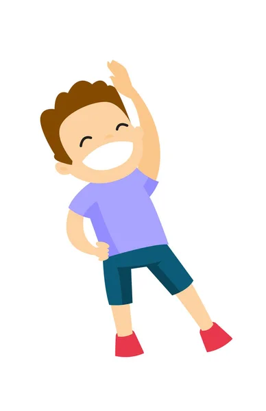 Caucasian boy doing stretching warm up exercise. — Stock Vector