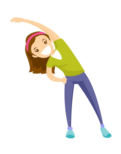 Caucasian girl doing stretching warm up exercise. — Stock Vector