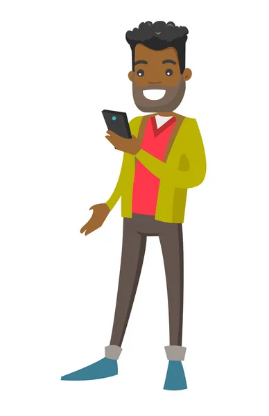 Hombre de negocios afroamericano mirando el teléfono móvil . — Vector de stock