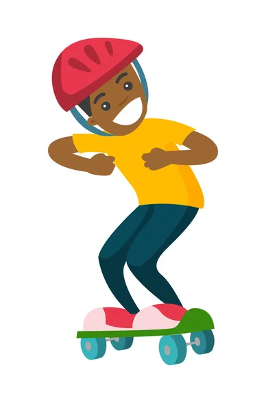 Feliz menino afro-americano montando um skate . —  Vetores de Stock