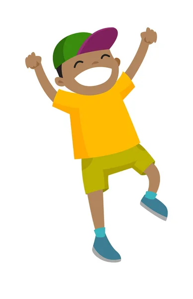 African-american boy jumping with raised hands up. — Stock Vector