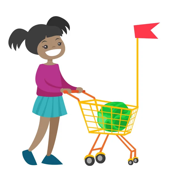 Pequena menina africana andando com carrinho de compras . — Vetor de Stock