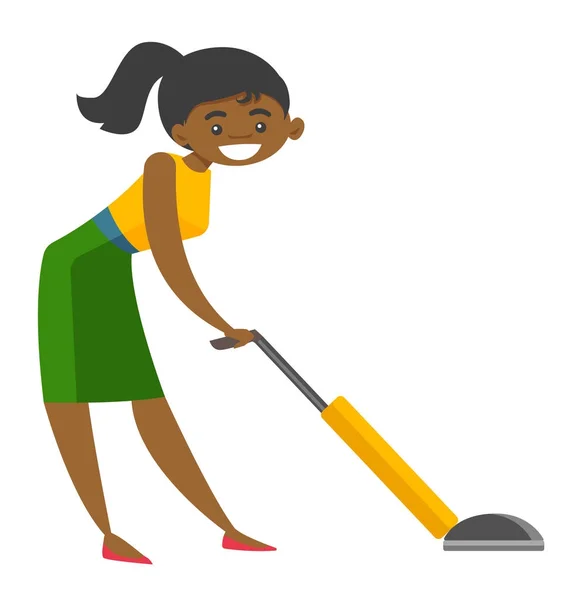 진공 청소기로 청소 하는 젊은 아프리카 여성. — 스톡 벡터
