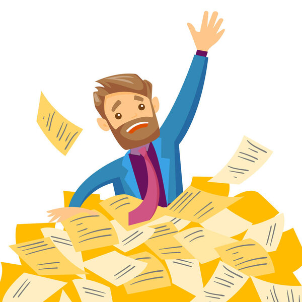 Стрессовый бизнесмен тонет в куче бумаг
