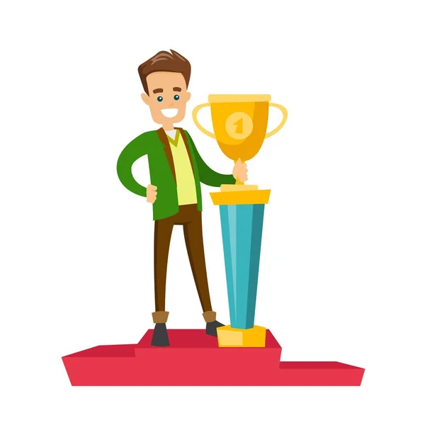 Man standing on the pedestal with business award. — Stock Vector