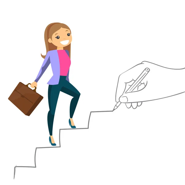 Ung affärskvinna klättra på karriärstegen. — Stock vektor