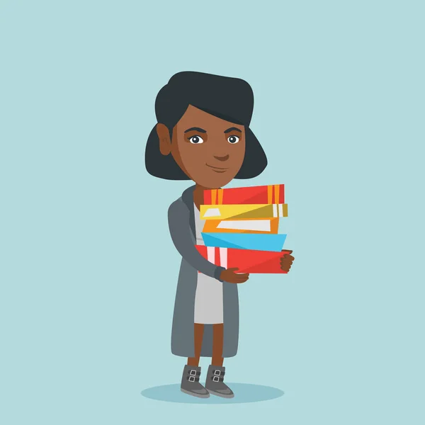 Joven estudiante africano sosteniendo pila de libros . — Vector de stock