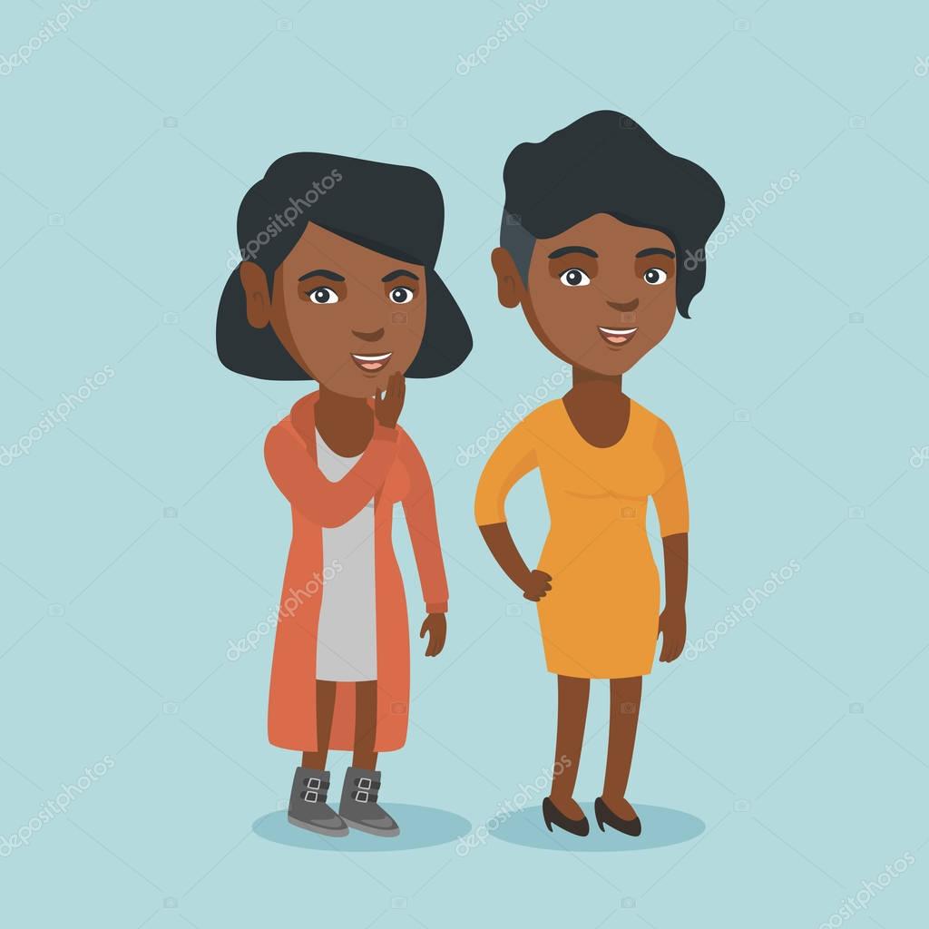 Young African American Woman Shielding Her Mouth And Whispering A Gossip To Her Friend Two Happy Women Sharing Gossips Smiling Friends Discussing Gossips Vector Cartoon Illustration Square Layout Premium Vector In Adobe