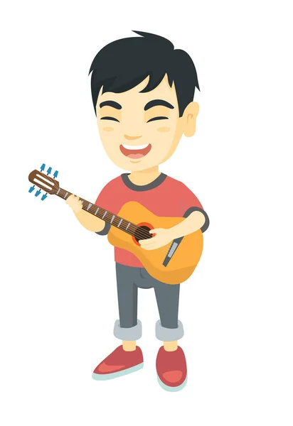 Asian boy singing and playing acoustic guitar. — Stock Vector