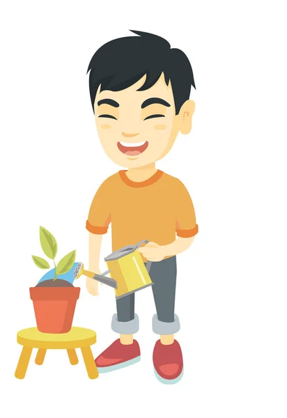 Asian boy watering plant with a watering can. — Stock Vector