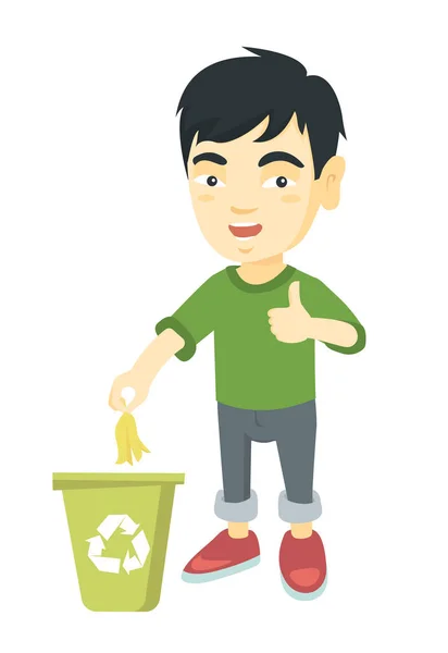 Petit garçon jetant la peau de banane dans la poubelle de recyclage . — Image vectorielle