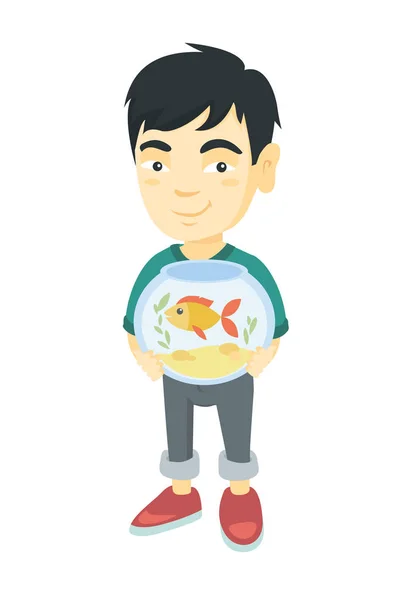 Asian boy holding aquarium with goldfish. — Stock Vector