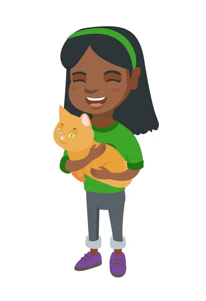 Αφροαμερικανός ευτυχισμένη κοπέλα κρατώντας μια γάτα. — Διανυσματικό Αρχείο