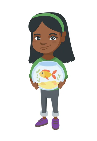 African girl holding aquarium with goldfish. — Stock Vector