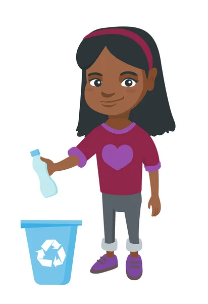 Chica lanzando botella de plástico en la papelera de reciclaje . — Archivo Imágenes Vectoriales