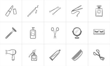 Güzellik aksesuarları çizilmiş kroki Icon set el.