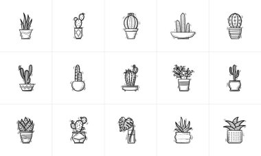 Ev Saksı bitkiler ve çiçekler Icon set kroki.
