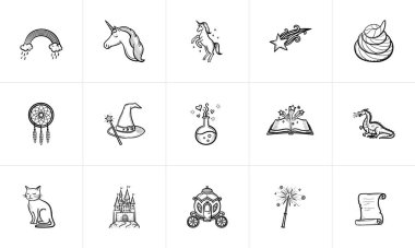 Büyü ve masal Tema sketch Icon set.