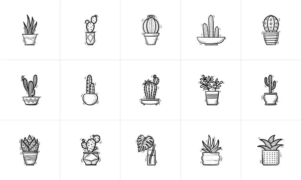Haus Topfpflanzen und Blumen Skizzensymbolset. — Stockvektor
