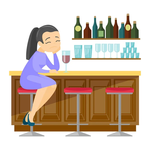 Sorgliga kaukasiska vit kvinna dricker vin i en bar. — Stock vektor
