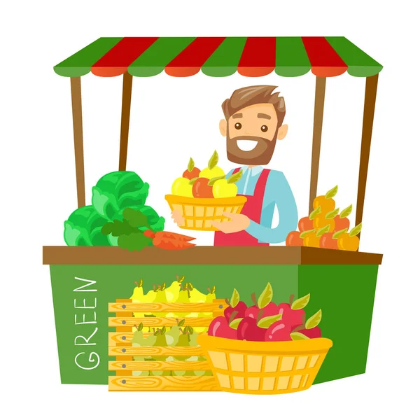 Vendeur de rue caucasien avec fruits et légumes — Image vectorielle