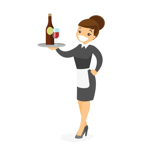 Camarera blanca caucásica sosteniendo bandeja con vino . — Vector de stock