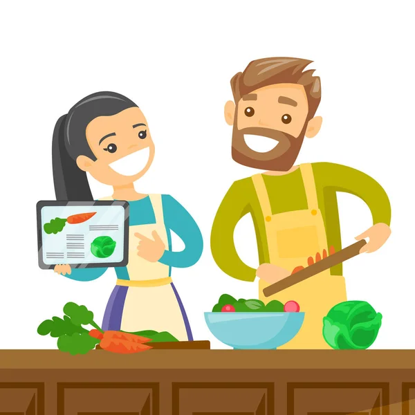 Pareja buscando una receta en una tableta digital . — Vector de stock