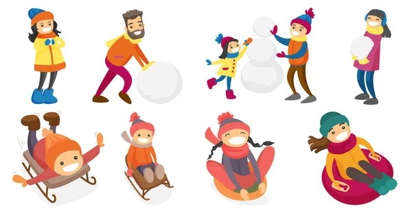 Young caucasian white people playing in snow set. — Stock Vector