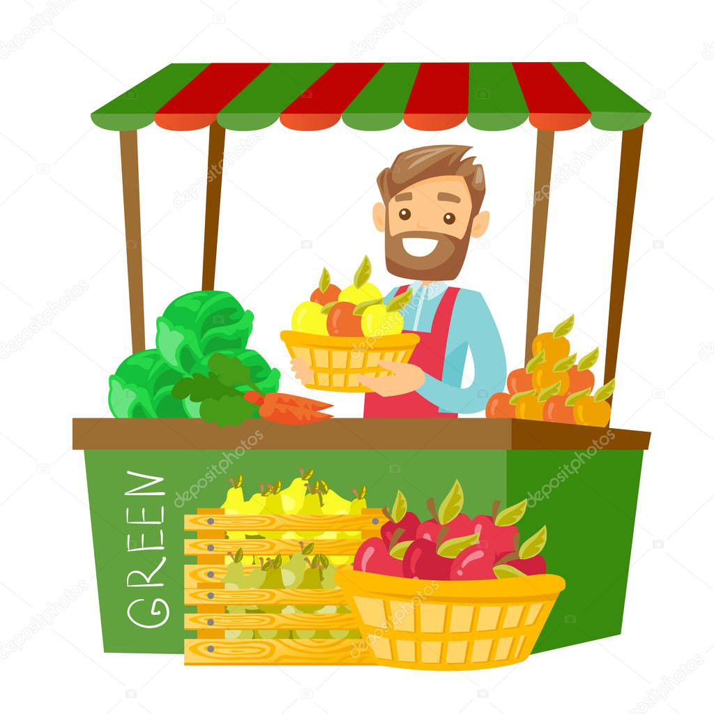 Caucasian street seller with fruits and vegetables