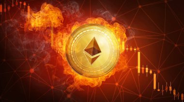 Alev ateş etmek içinde düşen altın Ethereum sikke.