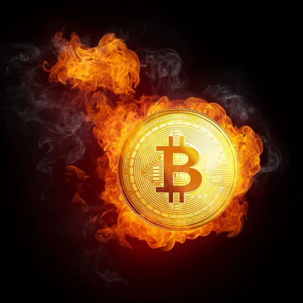 Monety złote bitcoin wchodzących w Ogień Płomień. — Zdjęcie stockowe
