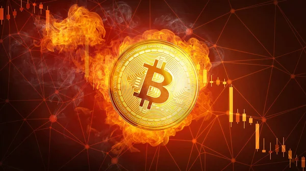 Golden bitcoin coin falling in fire flame. — Stock Photo, Image