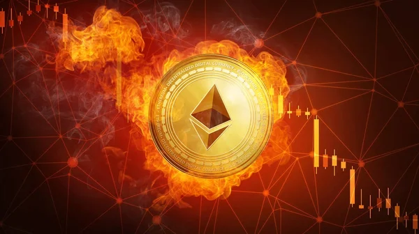 Golden Ethereum coin falling in fire flame. — Stock Photo, Image
