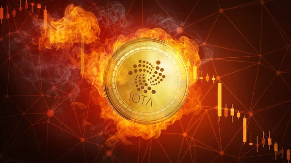 Moneda dorada IOTA cayendo en llamas de fuego . —  Fotos de Stock