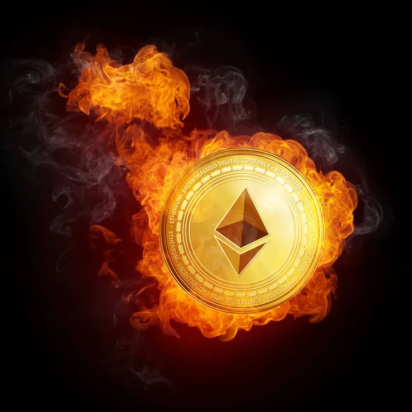 Golden Ethereum pénzérme alá tartozó, a tűz lángja. — Stock Fotó