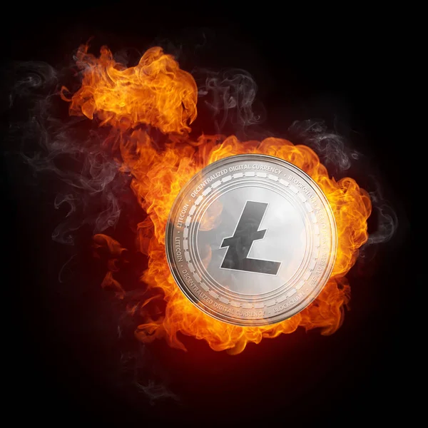 Goldene Litecoin-Münze geht in Flammen auf. — Stockfoto