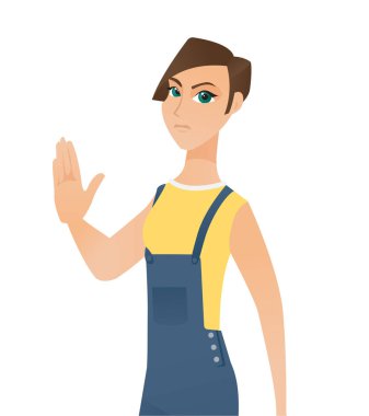 Bir stop el hareketi gösterilen beyaz beyaz kadın.