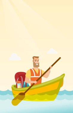 Genç beyaz beyaz adam bir kayık sürme.