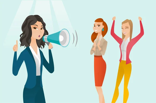 Branco feminista branco gritando em um megafone —  Vetores de Stock