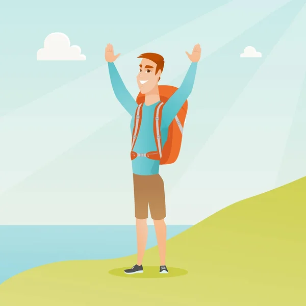 Joven turista disfrutando del paisaje con las manos arriba . — Vector de stock