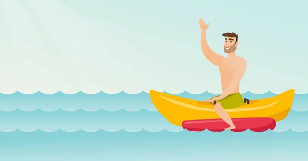 Joven hombre caucásico feliz montando un barco de plátano . — Archivo Imágenes Vectoriales