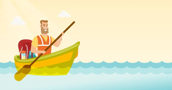 Joven caucásico hombre blanco montando un kayak . — Vector de stock