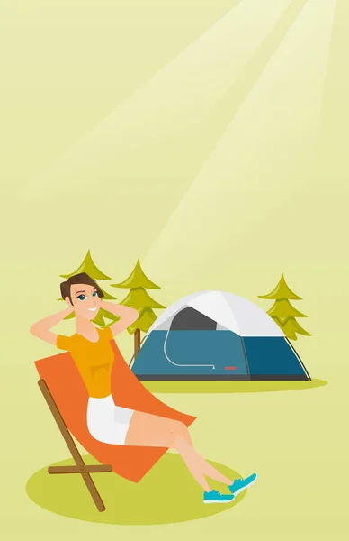 Woman sitting in a folding chair in the camping. — Stock Vector